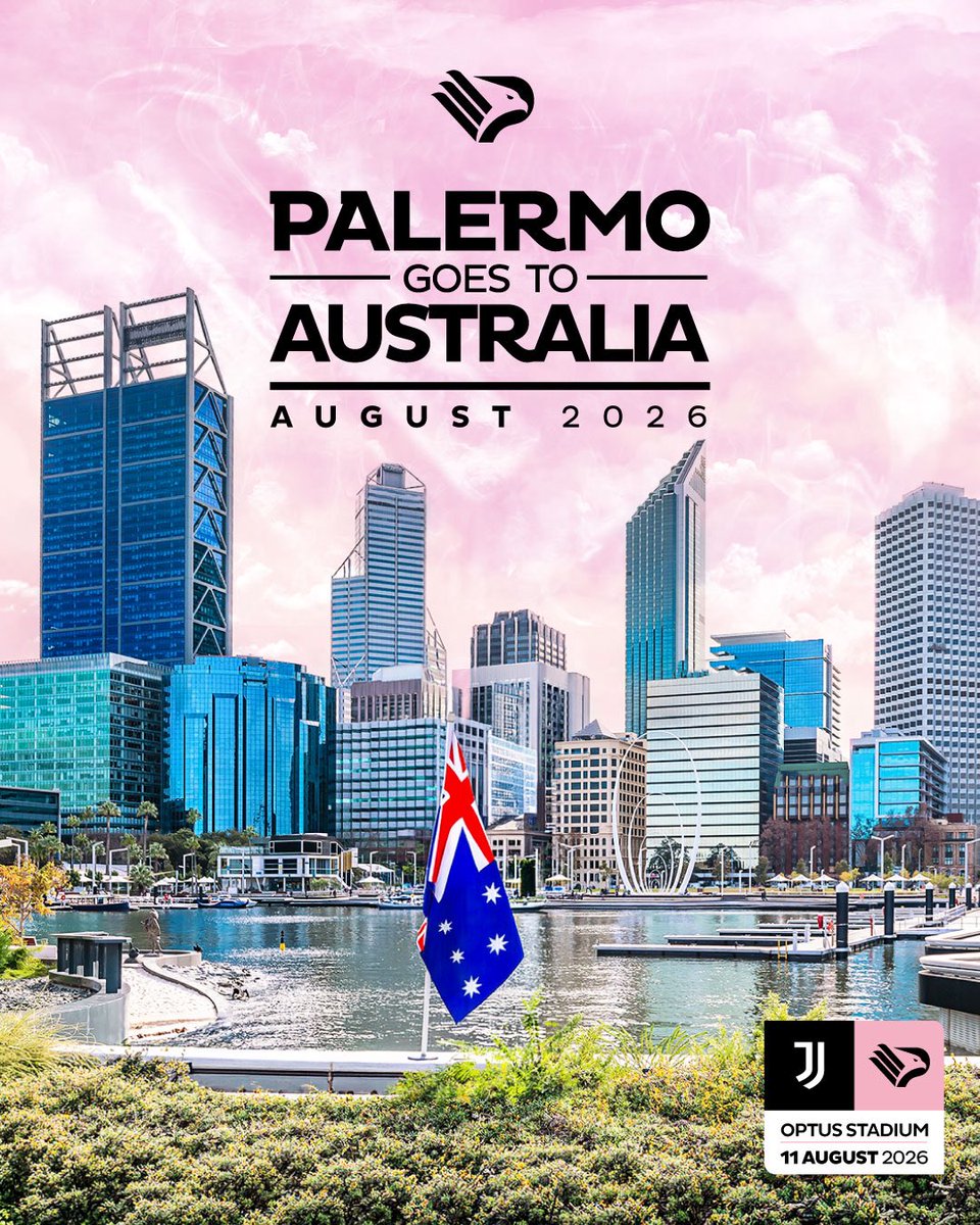Palermofficial's tweet photo. Per la prima volta in oltre 125 anni il Palermo sbarca in Australia 🇦🇺 L’appuntamento è l’11 agosto a Perth per Juventus-Palermo. Un’occasione anche per riconnetterci con la nostra famiglia globale e incontrare la comunità siciliana in Oceania 🩷🖤 Let’s go ✈️ https://t.co/tbFnPqdX3a