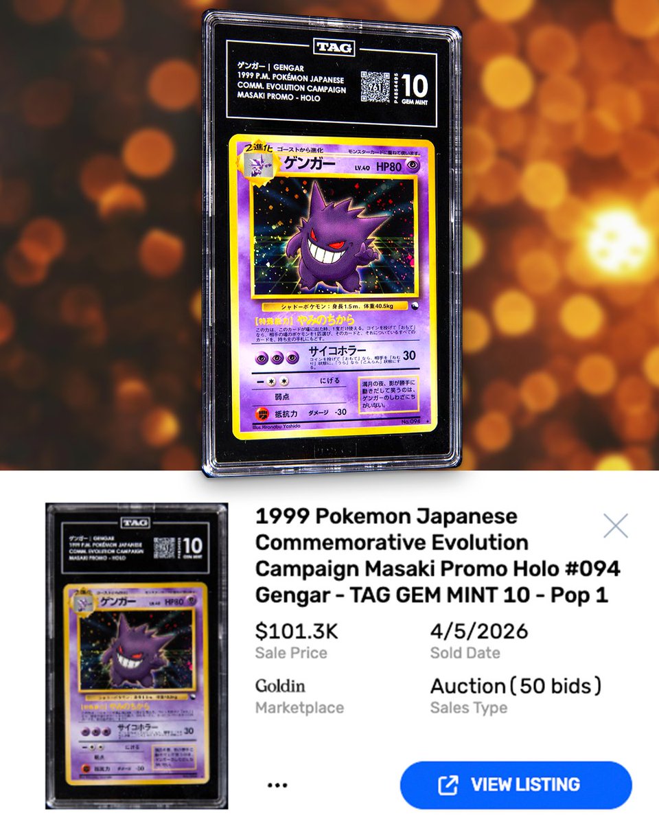 This TAG 10 Masaki Gengar just made history. It recently sold for $101,260 making it the highest public sale I've seen for a Gengar card. Historic result. This TAG 10 Masaki Gengar just made history. It recently sold for $101,260 making it the highest public sale I've seen for a Gengar card. Historic result.