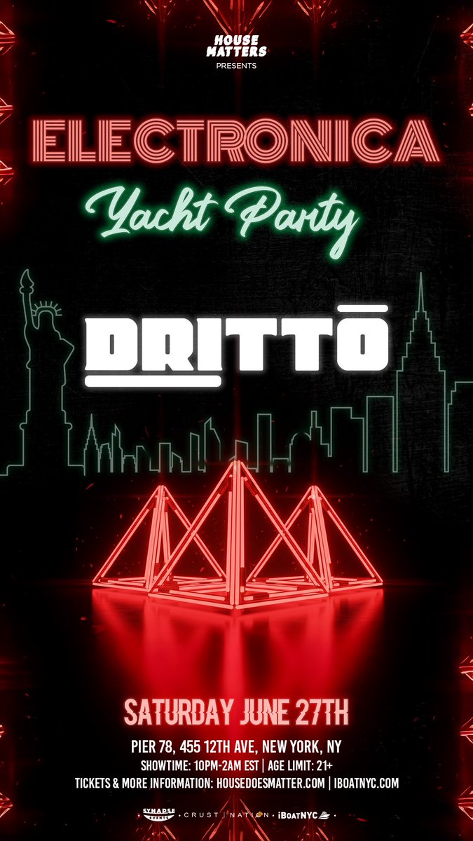 DrittoOfficial's tweet image. SAT 06.27.26 🔴ELECTONICA Yacht Party 

🚢 We set sail with one of a kind vibes 💫

⏰10PM - 2AM
📍Pier 78, NYC

🎟️info &amp;amp; tickets: linktr.ee/DRITTO
.
.
.
.
.
.
#HouseMusic #DeepHouse #TechHouse #NYCparty #Boatcruise #yachtvibes #nightlife #HudsonRiver #nycskyline