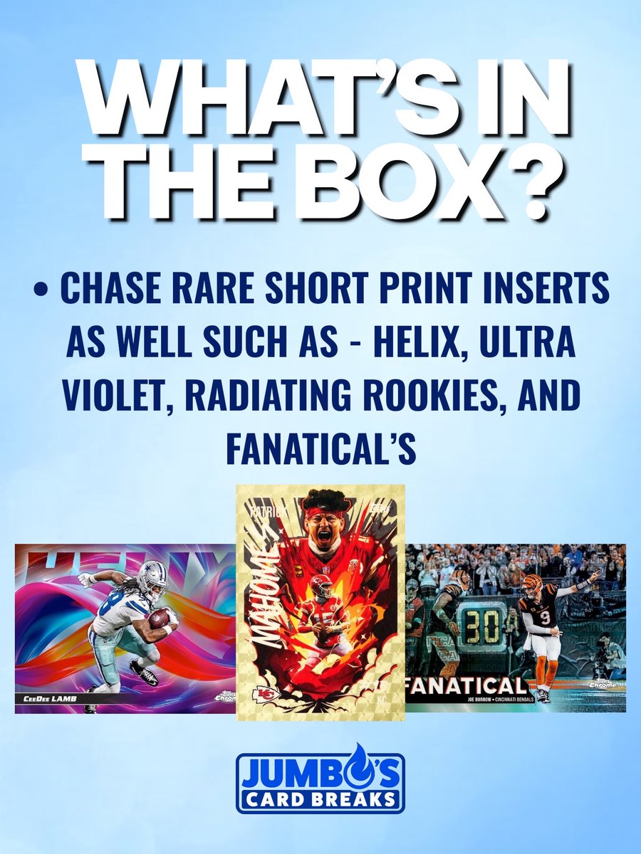 JumboSc21's tweet image. Topps Chrome Hobby Boxes are headed here soon! 🔥 Here’s what you can expect from Hobby Boxes in this year’s release! What are you most excited to chase? 🤔 Let us know in the comments below! #SportsCards #JumbosCards #ToppsChrome #Fanatics #FYP
