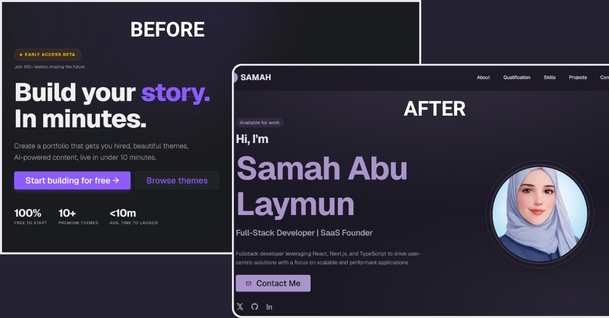 AbuLaymun's tweet photo. Stop wasting hours building your portfolio.

This → in minutes.

AI writes your content.
You go live instantly.

https://t.co/6JTVSR0qq6 🚀

#developers #portfolio #AI #career #webdev #jobsearch https://t.co/exw98xG8Hc