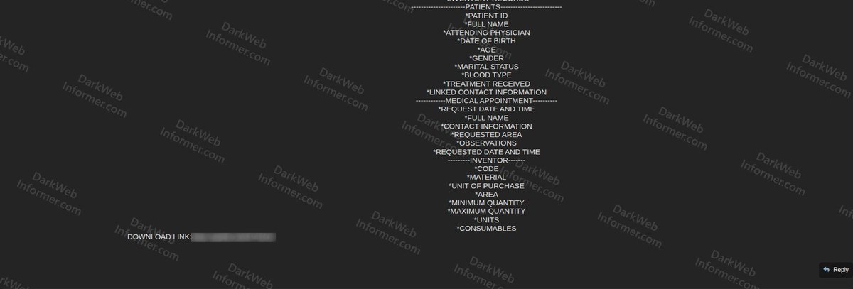 DarkWebInformer's tweet image. ‼️🇲🇽 Medical records, appointment data, and inventory information from a Mexican clinical studies center has been leaked.

The data includes patient personal information, medical details, appointment records, and facility inventory data made available for free download.