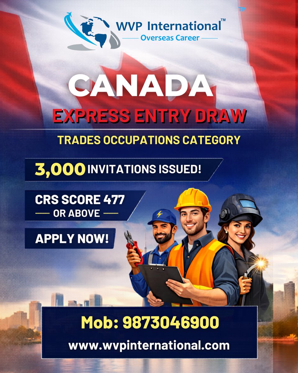 wvpintl's tweet photo. 🚀 Canada PR Alert! 🇨🇦
3,000 ITAs issued in Trades Category

✅ CRS 477+
✅ Faster PR chance
✅ High-demand jobs

💼 Electricians, Plumbers, Welders — this is YOUR moment!

📞 9873046900
🌐 https://t.co/x1BWrP2Uf1

#CanadaPR #ExpressEntry #WorkInCanada #wvpinternational https://t.co/Sa2UJc2qlX