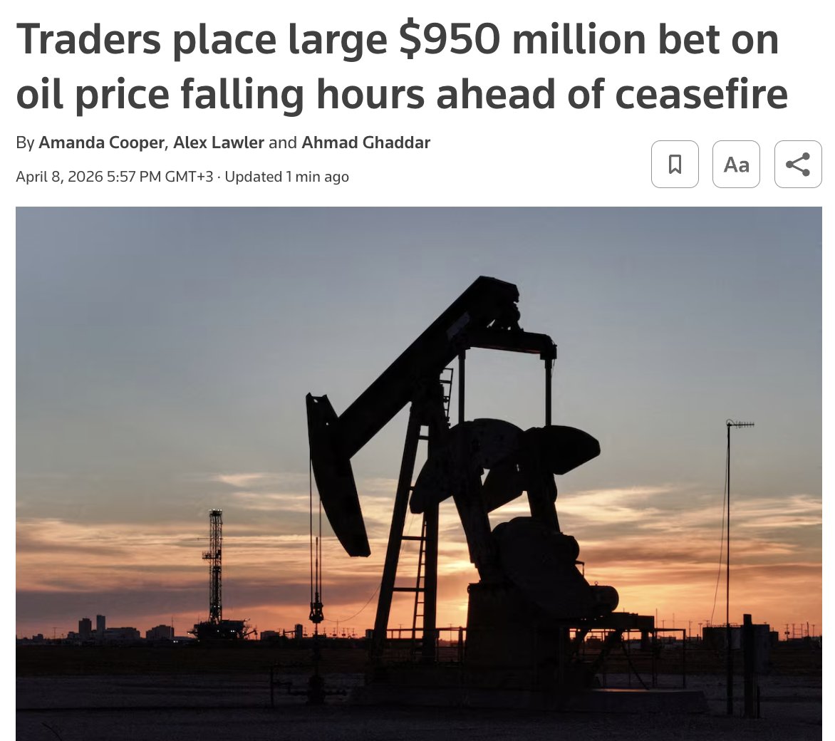 Dominik_Kettner's tweet image. 🚨 🇺🇲🇮🇷 Wieder einmal Marktmanipulation bei #Trump und seinem #TACO

Nur wenige Stunden bevor sich die USA und der Iran auf einen Waffenstillstand einigten, setzten Investoren rund 950 Millionen Dollar darauf, dass die Ölpreise fallen würden, und verkauften im Vorfeld der