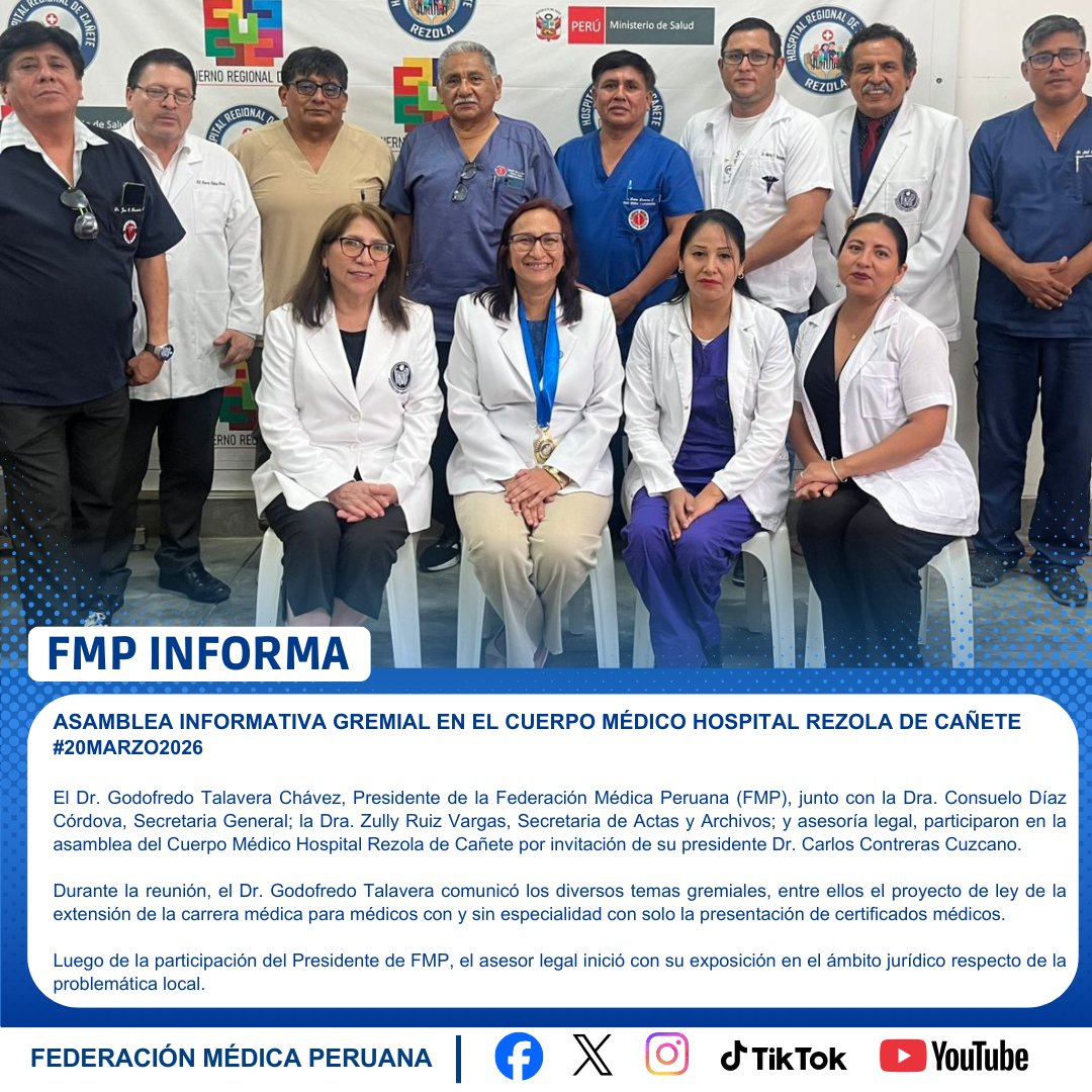 FMedicaPeruana's tweet image. 𝗔𝘀𝗮𝗺𝗯𝗹𝗲𝗮 𝗴𝗿𝗲𝗺𝗶𝗮𝗹 𝗲𝗻 𝗲𝗹 𝗛𝗼𝘀𝗽𝗶𝘁𝗮𝗹 𝗥𝗲𝘇𝗼𝗹𝗮 𝗱𝗲 𝗖𝗮ñ𝗲𝘁𝗲 🏥
#20Marzo
El presidente de la FMP, Dr. Godofredo Talavera, junto a su directiva, participó en la asamblea del Cuerpo Médico por invitación de su presidente.

Se abordaron temas clave.