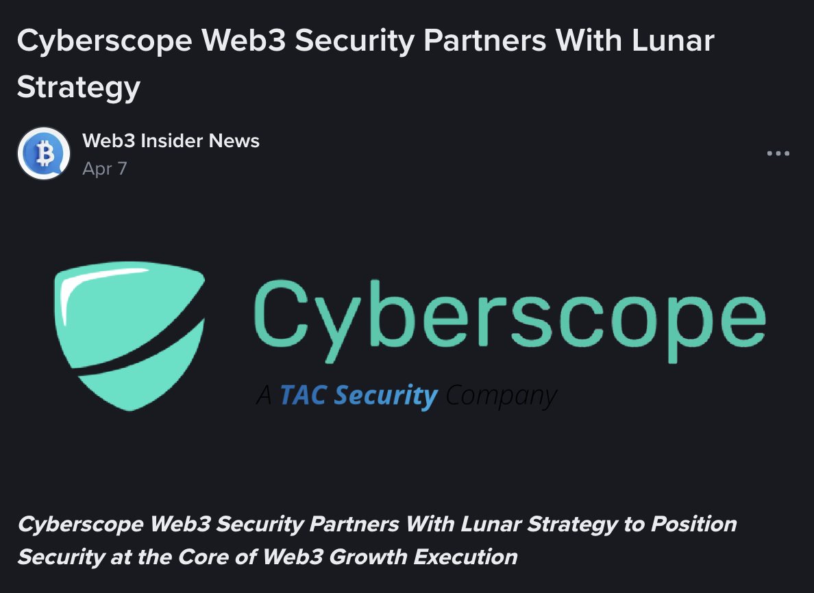Cyberscope_io's tweet photo. Momentum without security is just risk moving quickly.

Cyberscope x @LunarStrategy 

Helping Web3 teams build and scale on solid ground.

https://t.co/9JoND0xlPw

#lunarstrategy #web3 https://t.co/oXAO67VeSj