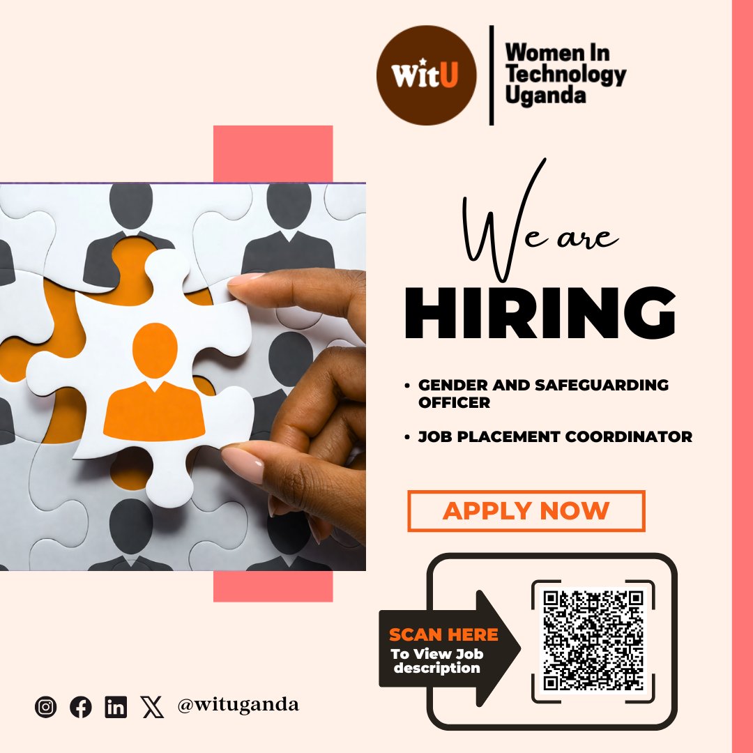 jobsinugandanow's tweet image. WE ARE HIRING

We are looking for:
• Gender and Safeguarding Officer
• Job Placement Coordinator

If you have experience in these areas,

Scan the QR code to view full job descriptions &amp;amp; submit your application. or click bit.ly/4clzD1U

For more, info@witu.org