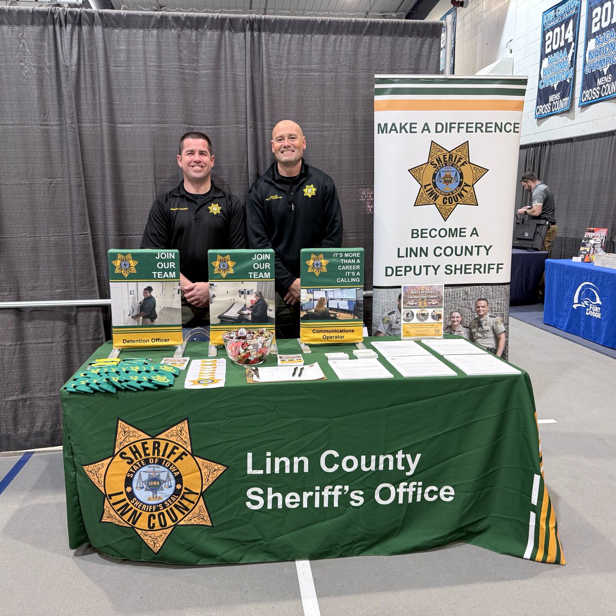 LinnIASheriff's tweet photo. The @IowaCentral Spring Career Fair is underway. Stop by the Career Education Building on the Fort Dodge Campus before 1:00 p.m. today and talk to Sergeant Campbell and Major Sandvick about a career with the Linn County Sheriff's Office. https://t.co/W3Hb6vBPr3
