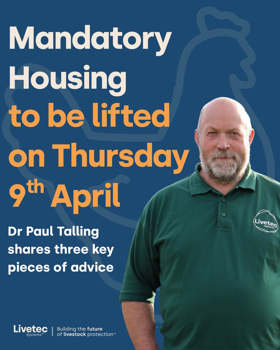 Livetecsystems's tweet photo. ⚠️ Mandatory housing lifts Thursday 9 April 

Even as restrictions ease, the risk of avian influenza has not gone away. Dr Paul Talling, stresses that a safe return outdoors depends on careful, biosecurity-led planning.

📖 https://t.co/82aA5sC9iU https://t.co/JQYIIC1LZ1