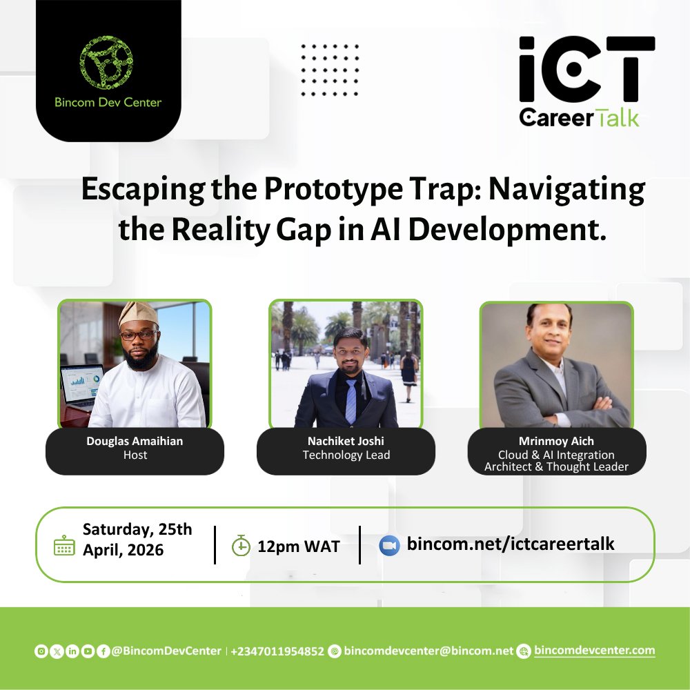 BincomDevcenter's tweet photo. Is your AI project market-ready? 
🤔 Stop building wrappers—build real solutions. 

Join Bincom ICT Career Talk on
 “Escaping the Prototype Trap” &amp; learn how to scale, improve reliability &amp; build for real impact. 

📅 April 25 | 12PM WAT 
🎟️ https://t.co/rf3svFNfuZ
 #BincomICTalk https://t.co/QtDWNfz3us