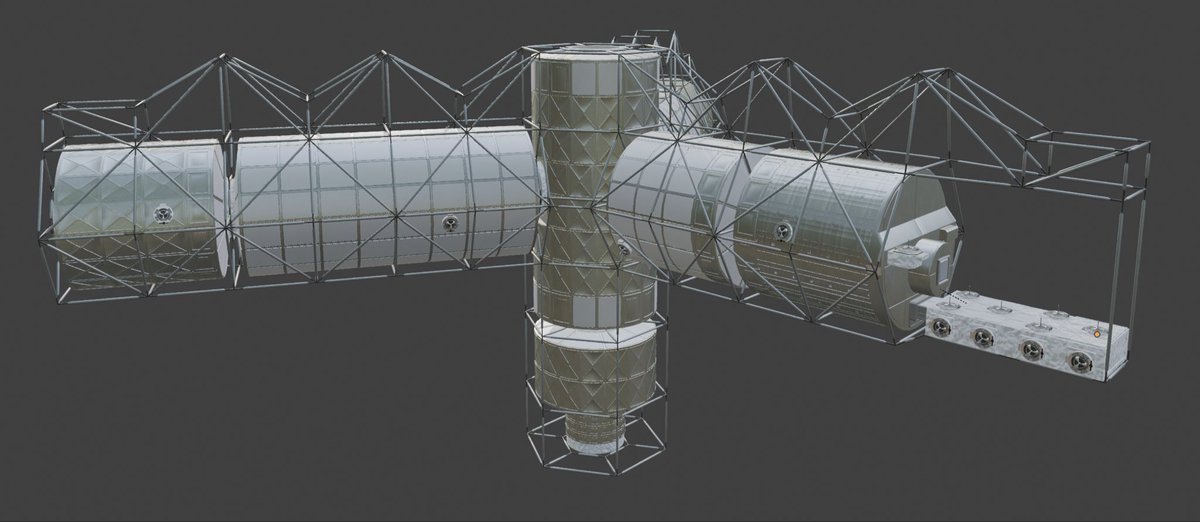wenchance's tweet image. Progress report for the Hail Mary:

Further work on truss structure + started detail work on astrophage tanks &amp;amp; core spine 

Modeled a grapple fixture &amp;amp; they’ve been added to the hab modules

Handlebars have been modeled &amp;amp; will be added next!

#projecthailmary #hardsf #spaceship