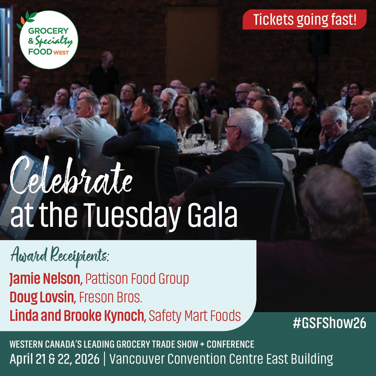 CFIGFCEI's tweet photo. Join us for the Tuesday Gala: an evening to celebrate!

Award recipients: Jamie Nelson, Pattison Food Group; Doug Lovsin, Freson Bros.; Linda and Brooke Kynoch, Safety Mart Foods
 
Register Now: https://t.co/XmtttZipK5

#GSFShow26 #GrocerySpecialtyFoodWest #GroceryTrends https://t.co/QTsDbwjMYZ
