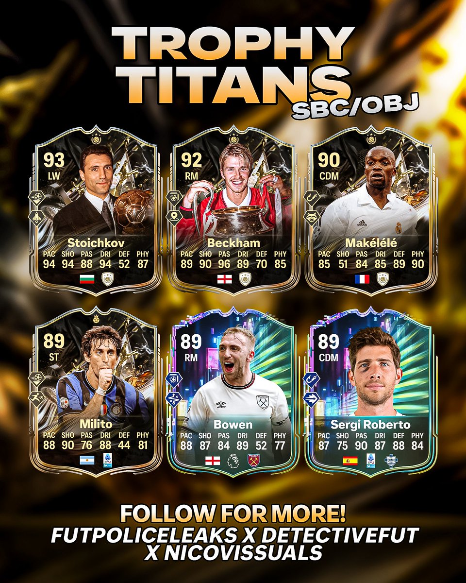 FutPoliceLeaks's tweet photo. 🚨 Trophy Titans Team 2 SBCs/OBJs 🔥

We will also get Riquelme ✅ 

What SBC would you like to complete? 🤔 

Stats are a prediction 🖌️ https://t.co/ffSCrDUttb