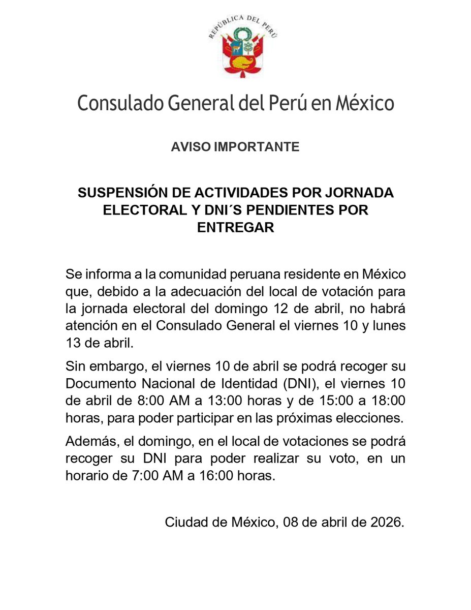 general_peru's tweet photo. AVISO IMPORTANTE - SUSPENSIÓN DE ACTIVIDADES POR JORNADA ELECTORAL Y DNI´S PENDIENTES POR ENTREGAR https://t.co/nFahAbpYGq
