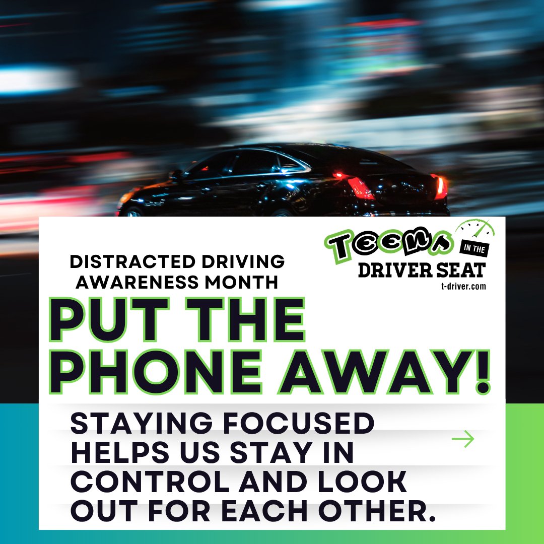 TeensDriverSeat's tweet photo. It's Distracted Driving Awareness Month! 

Focus—we’ve got places to be 🚗💚

Eyes on the road. Phone out of reach. No distractions.

Let’s stay locked in and keep every drive safe 🙌 Thanks @NHTSAgov for these!

#DriveLikeATexan #SafeDriving #DistractedDrivingAwarenessMonth https://t.co/ioOuVYqVMQ