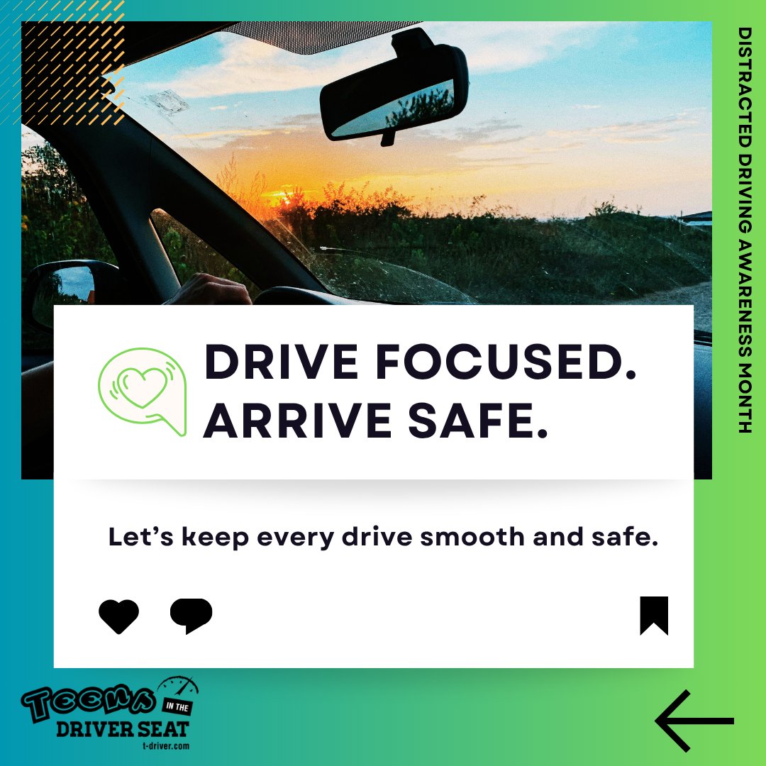 TeensDriverSeat's tweet photo. It's Distracted Driving Awareness Month! 

Focus—we’ve got places to be 🚗💚

Eyes on the road. Phone out of reach. No distractions.

Let’s stay locked in and keep every drive safe 🙌 Thanks @NHTSAgov for these!

#DriveLikeATexan #SafeDriving #DistractedDrivingAwarenessMonth https://t.co/ioOuVYqVMQ