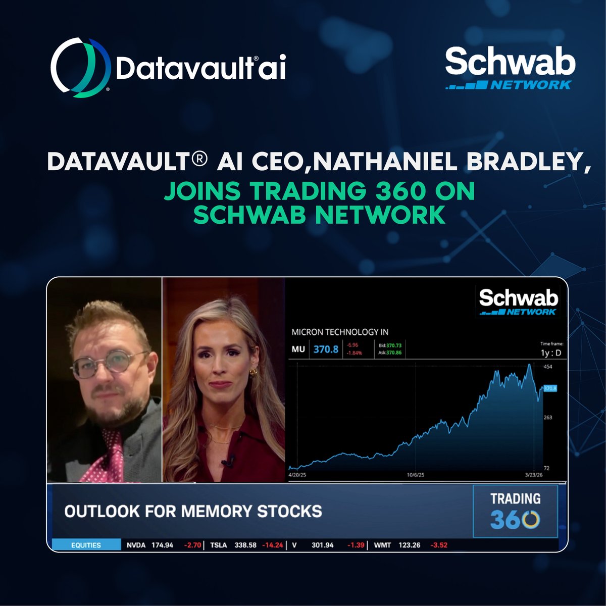 Datavault_ai's tweet photo. 📢 #DatavaultAI CEO, Nate Bradley, joined host @J_B_Horne on @SchwabNetwork's #Trading360 today to discuss how the #AIbuildout showcased the need for more memory and opportunities he sees in the current shortages, along with recent market trends. 📈
🔗 Watch the full segment here: https://t.co/watU6MJpro
#DVLT #AI #SchwabNetwork