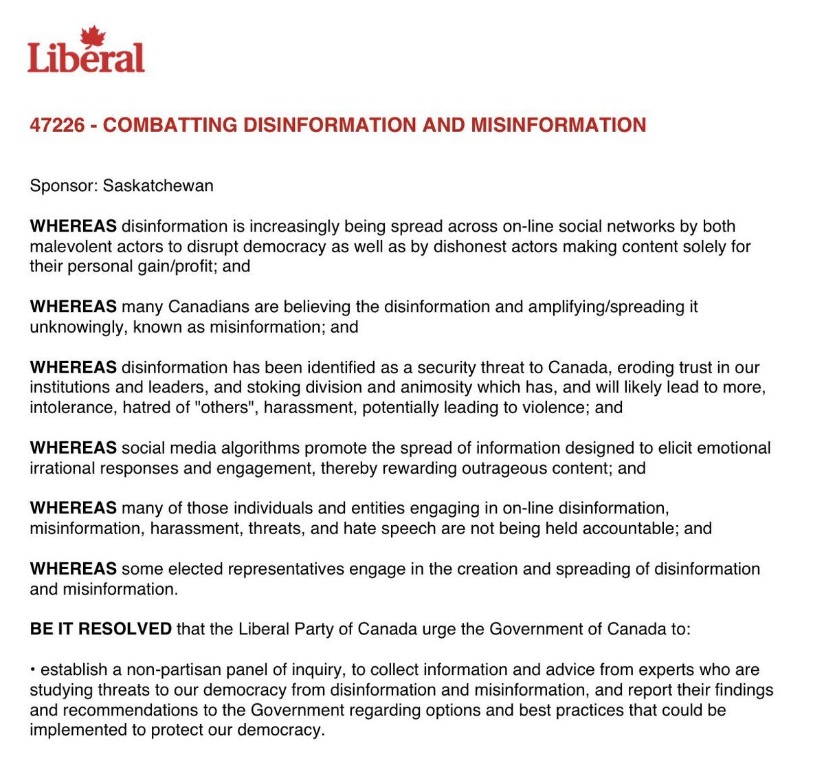 ReginaWatteel's tweet photo. And now this: A proposition to be debated & voted on at the Liberal Party of Canada's 2026 AGM aims to "establish a panel of inquiry" to combat "disinformation and misinformation."

When no one stops the censorship, it just gets worse.

Recall ScienceUpFirst — the $20.7M taxpayer-funded sweetheart deal co-founded by Caulfield & Senator Kutcher 

→ my full ATIP investigation:
https://t.co/sD47jKhQEO