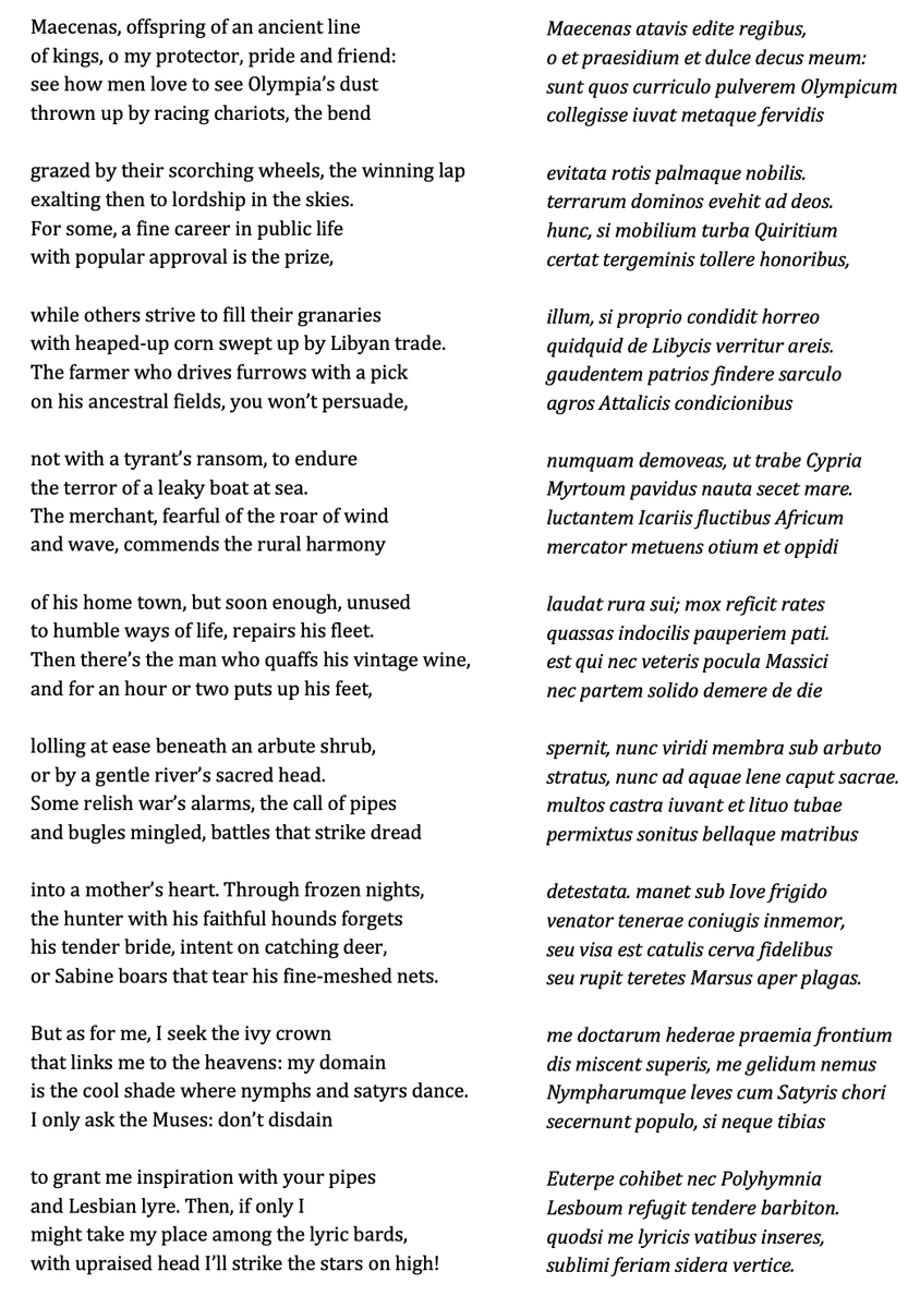 ArmandDAngour's tweet photo. Roman poet Horace: the opening poem of his Odes (23 BC), my new translation (1st draft).
The poet addresses his patron Maecenas, and proceeds to list the occupations that appeal to different people, culminating in his own desire to be ranked among the greatest lyric poets. https://t.co/x9IXqLj3x9