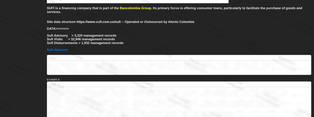 DarkWebInformer's tweet image. 1/2‼️🇨🇴 Threat actors claim to be selling financial data from SUFI, a financing company within Grupo Bancolombia.

The alleged breach includes advisory records, visit records, and disbursement records containing customer information, GPS coordinates, and transaction details.
