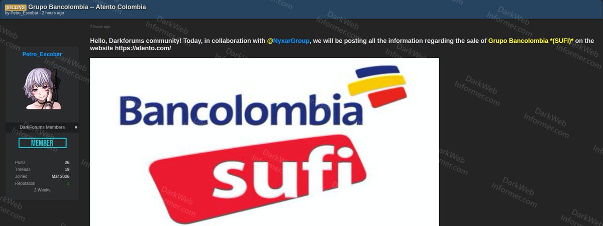 DarkWebInformer's tweet image. 1/2‼️🇨🇴 Threat actors claim to be selling financial data from SUFI, a financing company within Grupo Bancolombia.

The alleged breach includes advisory records, visit records, and disbursement records containing customer information, GPS coordinates, and transaction details.