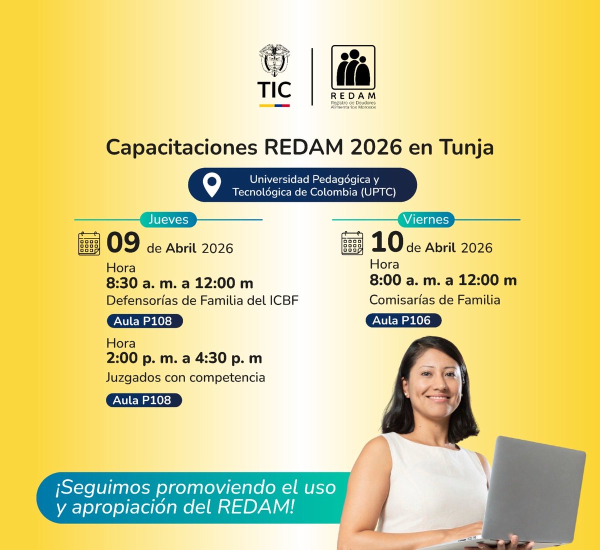 GobDigitalCO's tweet photo. 📍 #Tunja será sede de las capacitaciones #REDAM 2026. 
🗓️ 9 y 10 de abril, el @Ministerio_TIC con @ANDigital_Col lidera jornadas para autoridades del registro. 
💻 Fortalecemos capacidades para una gestión pública eficiente y transparente. #GobiernoDigital #Boyacá #UPTC https://t.co/m4QdXnxatD