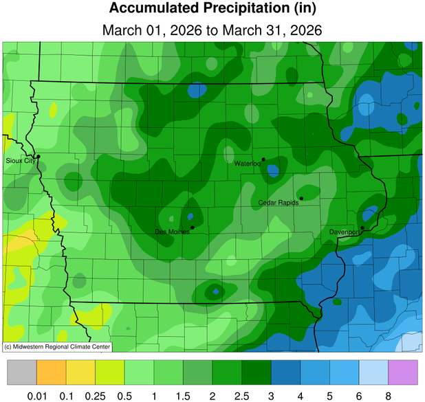 JustinMGlisan's tweet image. March 2026 Precipitation Summary: #IA's average precip. was 1.97", 0.02" below normal. This ranks as the 67th wettest/88th driest Mar. on record; 2025 was wetter while 2023 was drier. (2/2) #IowaClimate #IowaAg