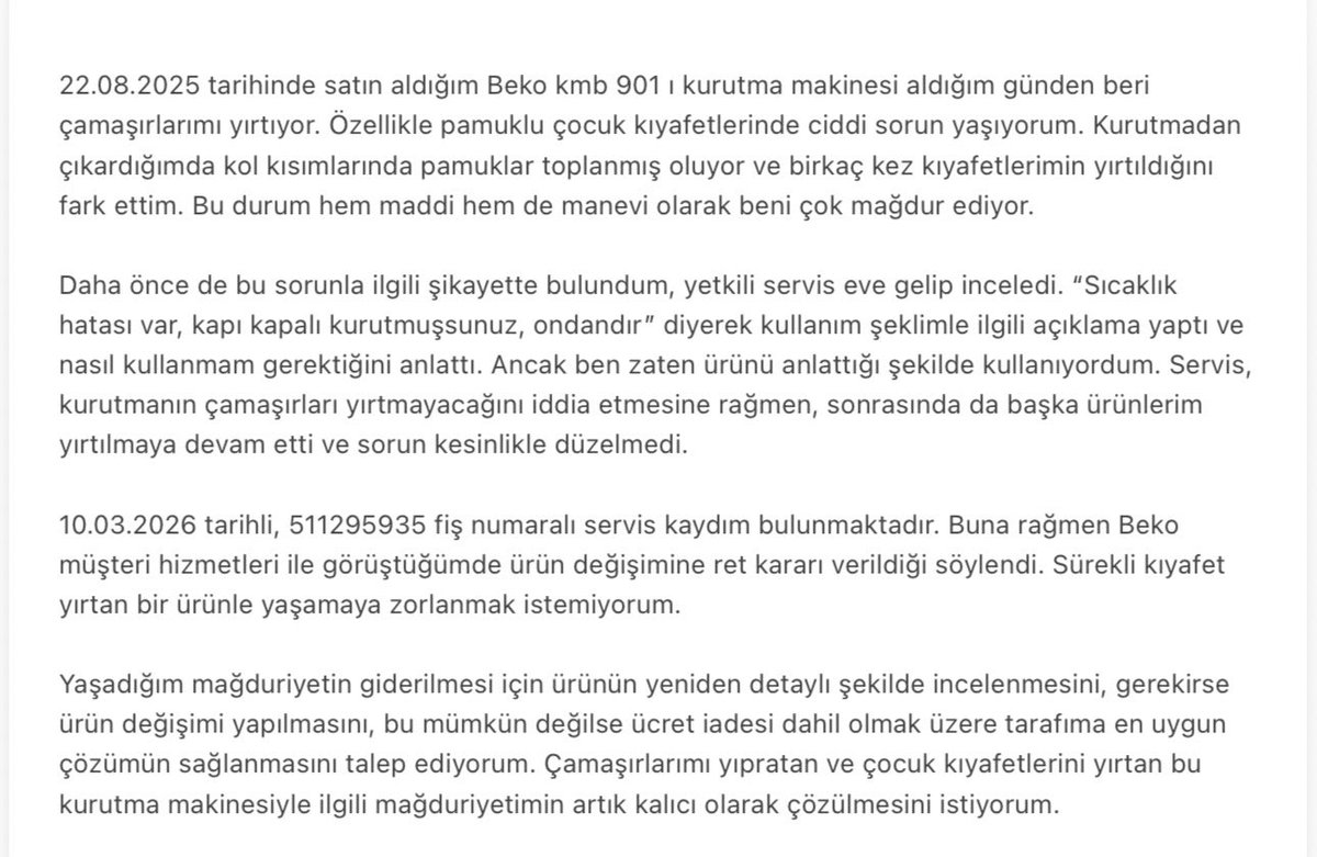 eznebim's tweet photo. 22.08.2025 tarihinde satın aldığım Beko kmb 901 ı kurutma makinesi aldığım günden beri çamaşırlarımı yırtıyor. Çözüm yok hep red cevabı birileri görsün artık mağduriyetimi @bekoturkiye @Arcelik_TR @kocholding https://t.co/7WyhL2jPz4