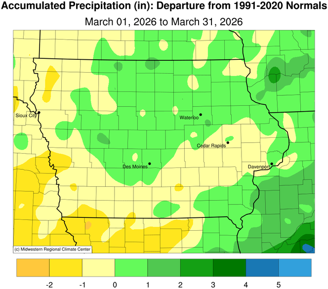JustinMGlisan's tweet image. March 2026 Precipitation Summary: #IA's average precip. was 1.97", 0.02" below normal. This ranks as the 67th wettest/88th driest Mar. on record; 2025 was wetter while 2023 was drier. (2/2) #IowaClimate #IowaAg