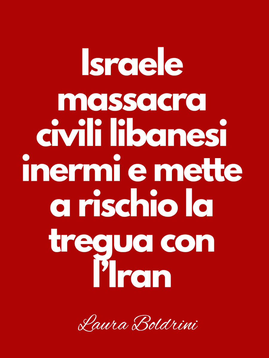 lauraboldrini's tweet photo. Questa mattina la notizia della tregua in Iran sembrava l'inizio di una svolta, soprattutto per gli effetti sullo stretto di Hormuz e per la popolazione civile iraniana. Ma i raid feroci di Israele sul Libano stanno compromettendo tutto.

È di queste ore la notizia che il governo di Tel Aviv ha bombardato su quartieri residenziali di Beirut, uccidendo più di 300 persone. La situazione nella capitale libanese è drammatica: le strade sono congestionate e non riescono nemmeno a passare le ambulanze per soccorrere i feriti. 

Adesso l'Iran fa sapere di volere nuovamente bloccare Hormuz se Netanyahu non si fermerà. La guerra illegale di Netanyahu mina la tregua tra Usa e Iran, ma nessuno si permette di fermare la sua furia distruttiva, di costringerlo a un cessate il fuoco immediato anche in Libano. 

Non è accettabile che il governo israeliano continui nella totale impunità a seminare instabilità, morte e distruzione per estendere sull’intera regione mediorientale il proprio potere e per portare avanti il progetto della Grande Israele.

Limitarsi a chiedere, con Netanyahu, non basta: si impongano sanzioni a lui e al suo governo, si sospenda l'accordo di associazione con l'Ue e si chiudano gli scambi commerciali e  la compravendita di armi con Israele. 

L’inazione colpevole dei governi e dell’Unione europea pesa sul futuro del mondo.