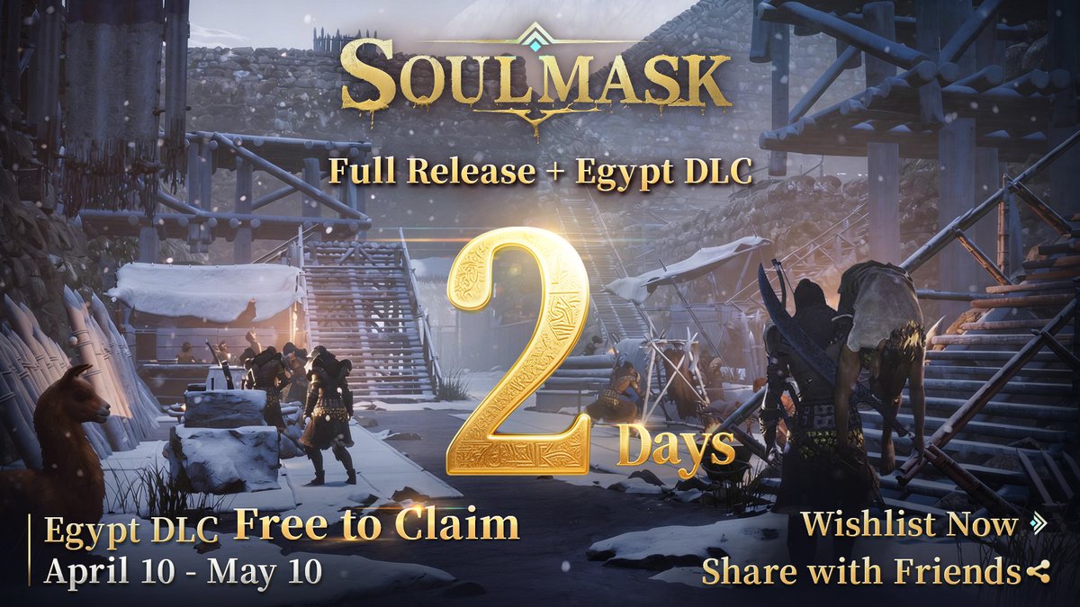 Soulmask_'s tweet image. Just 2 days to go until #Soulmask 1.0 and the Egypt DLC launch!
Wishlist now and share with your friends 🩷 store.steampowered.com/app/2646460/So… 
#steam #survivalgame