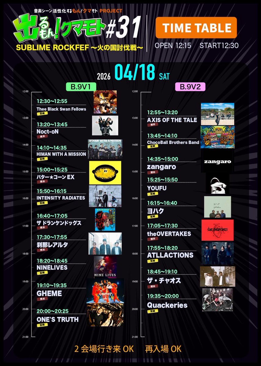 feuj81vKMPlUBZY's tweet image. 4/18土曜日
熊本vs宮崎のバンドバトル開催！
宮崎10バンドに熊本9バンド、数では負けてる熊本はどう巻き返すのか？
こんだけのバンドがでるのにチケット1,000円です！
フェニックス軍団の猛攻を全身で受け止めて、倍返ししたろやないかい！
場所は熊本be-9。
#熊本ライブ
#宮崎県
#バンド