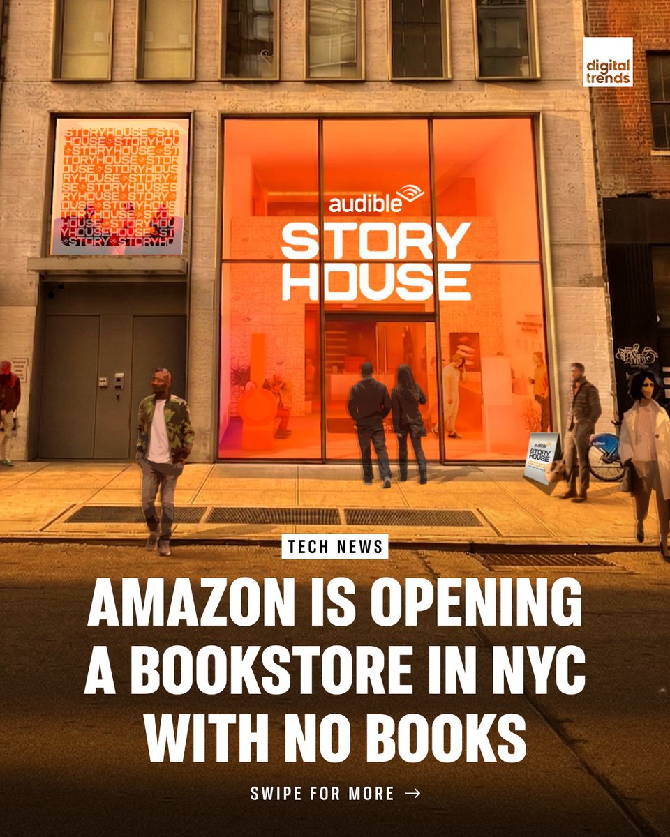 DigitalTrends's tweet image. Amazon is opening a bookstore without books in NYC. The Audible Story House will offer audiobook samples and immersive listening spaces equipped with headphones and Dolby Atmos surround sound. The pop-up will open in May.

#amazon #audible #technology #technews
