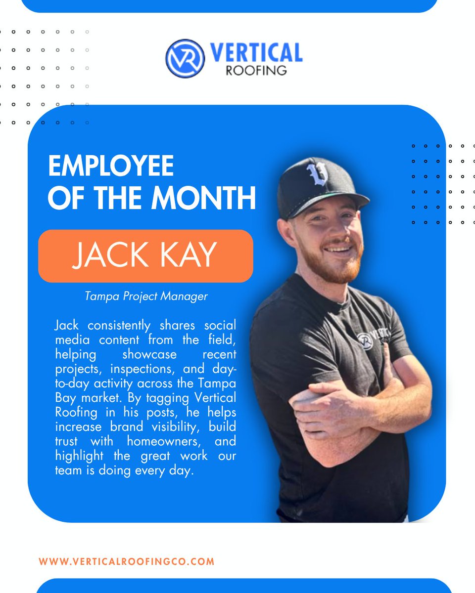 verticalroofco's tweet image. Employee Spotlight 🌟

From the field to your feed, Jack consistently shares real-time updates of our projects, inspections, and day-to-day work—helping showcase what Vertical Roofing is all about.

#EmployeeSpotlight #VerticalRoofing #TeamRecognition #RoofingExperts