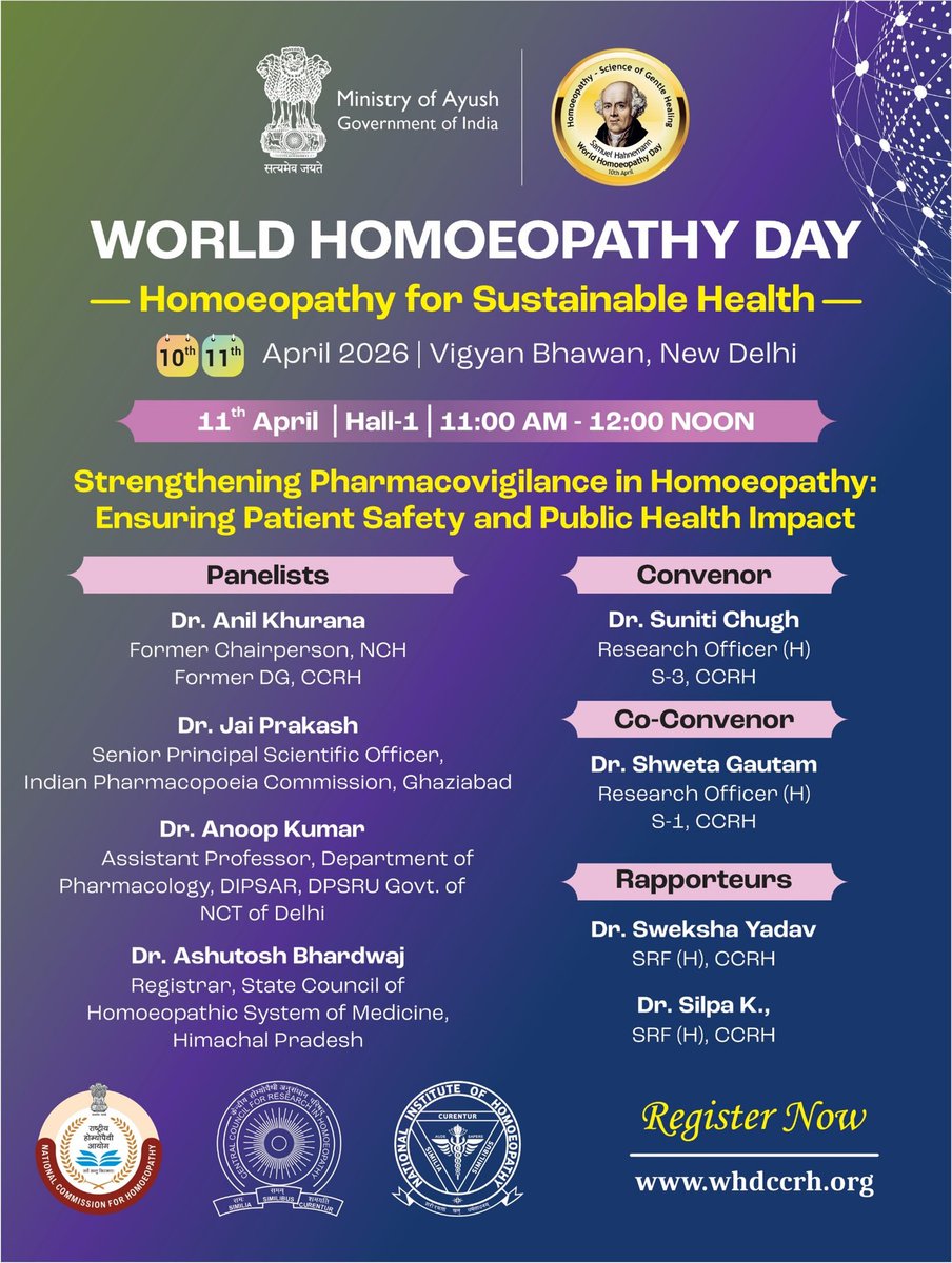 #WHD2026 
Let us all celebrate the legacy of Master Hahnemann through WORLD HOMOEOPATHY DAY 2026 at Vigyan Bhawan, New Delhi being organized by Central Council for Research in Homoeopathy, Ministry of Ayush, Government of India on 10th &amp; 11th April 2026.