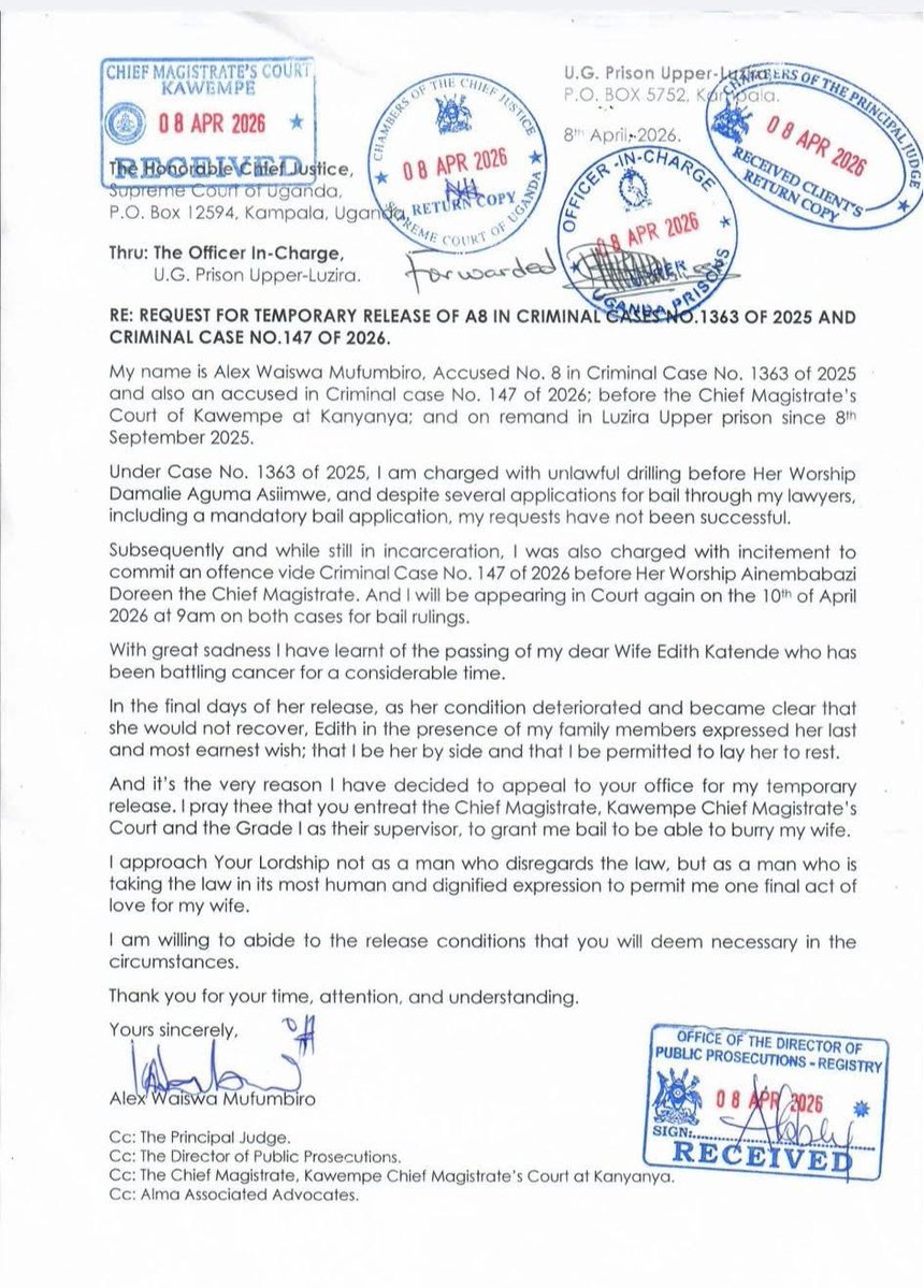 🚨NUP Deputy Spokesperson Alex Waiswa Mufumbiro, detained since Sept 2025 on charges of unlawful drilling &amp; incitement tied to his Nakawa East candidacy, is pleading for temporary release from Luzira Upper Prison to bury his wife Edith, who died of cancer.