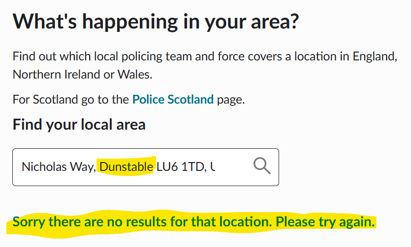 SafetyScoreUK's tweet photo. We've raised a data issue with @BedsPolice. They are aware and working to fix it for affected residents in and around #Dunstable.👍 https://t.co/iZ6zLanfIk