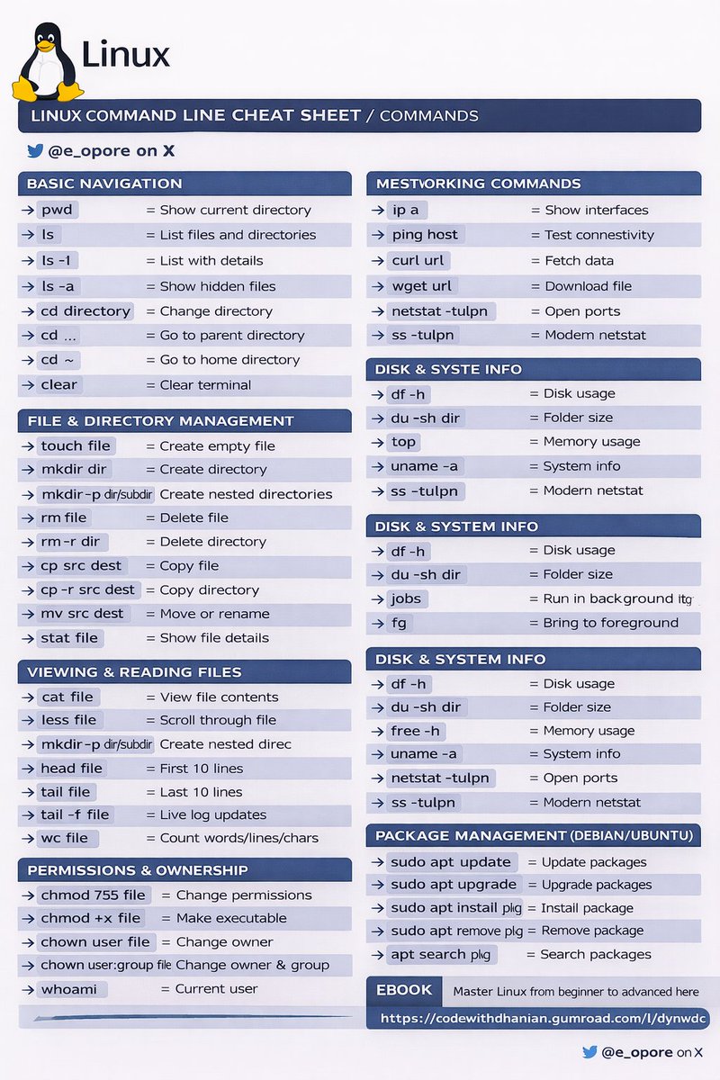e_opore's tweet image. LINUX COMMAND LINE CHEAT SHEET / COMMANDS

BASIC NAVIGATION

→ pwd = Show current directory
→ ls = List files and directories
→ ls -l = List with details
→ ls -a = Show hidden files
→ cd directory = Change directory
→ cd .. = Go to parent directory
→ cd ~ = Go to home