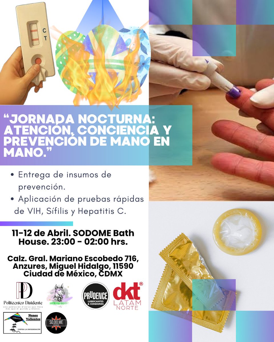 politec_disiden's tweet photo. 🩺 Jornada Nocturna: Atención, Conciencia y Prevención de Mano en Mano.
Ven a hacerte tus pruebas rápidas de VIH, Sífilis y Hepatitis C, sin juicios, sin tabúes y con la mejor vibra. 🌟🩸🧫🩺⚕️
📍 @SO_DO_ME
🕖 23:30 a 03:30 hrs
#MeCuidoYTeCuido #PrevenciónEsCuidado https://t.co/b11aW0MsS9