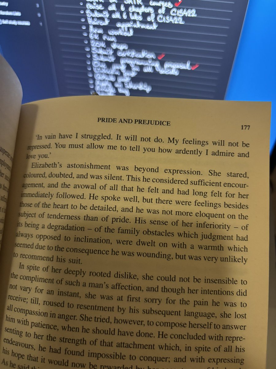 M_Nuwaiser's tweet photo. Wed,  8, Apr, 2026

"In vain have I struggled. It will not do. My feelings will not be repressed. You must allow me to tell you how ardently I admire and love you." - Chapter 34 of Pride and Prejudice by Jane Austen https://t.co/9kcOAnCXeH