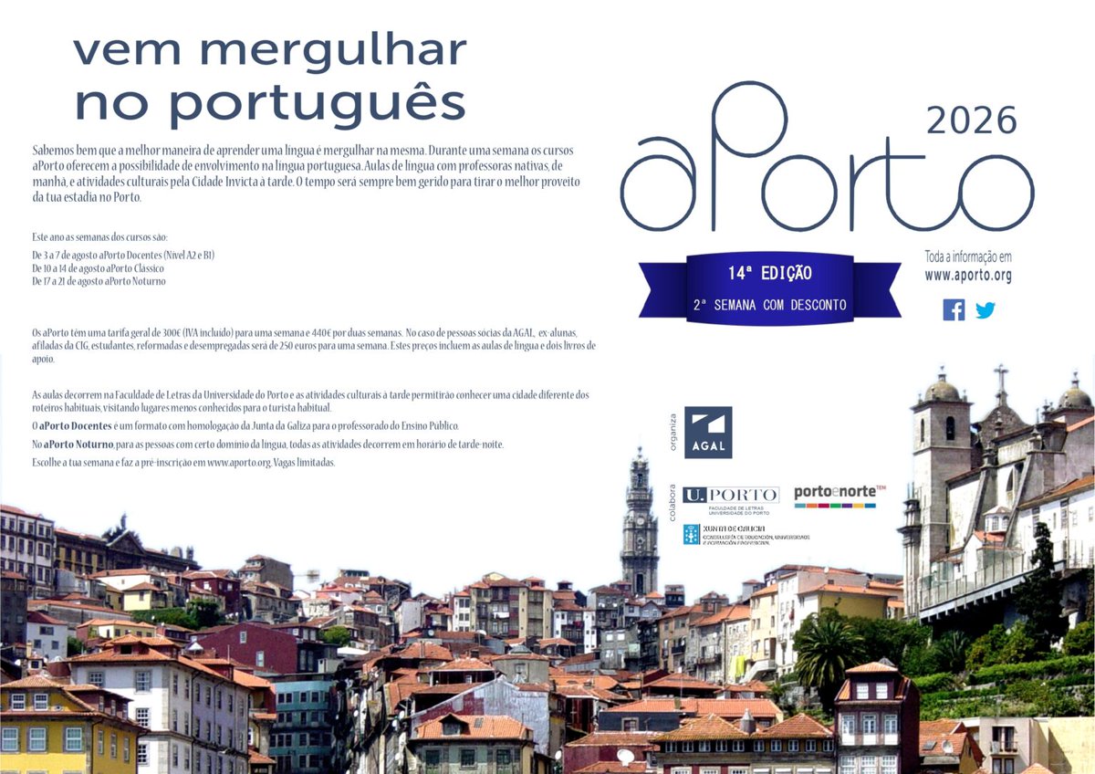 CursosaPorto's tweet photo. 🇵🇹 Queres melhorar o teu português este verão no Porto?

📢 Já abriram as inscrições para os cursos aPorto 2026!
🗓️ 3–7 agosto (Docentes)
🗓️ 10–14 agosto (Clássico)
🗓️ 17–21 agosto (Noturno)

🗣️ Foco na oralidade + atividades culturais 🤗👌
Toda a info em https://t.co/rW6PTEXpxT https://t.co/b2q6CCLB3d