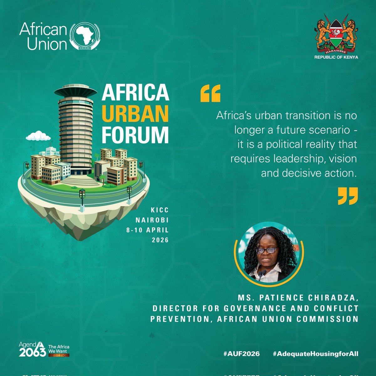 AUC_PAPS's tweet photo. “Africa’s urban transition is no longer a future scenario – it is a political reality that requires leadership, vision and decisive action. To the African Union Commission, housing is not only about shelter; it is about dignity, equity and stability. Africa’s cities are increasingly becoming the frontline of governance and conflict prevention" 

— Ms. @PatienceChirad3 , Director for Governance & Conflict Prevention, delivering remarks on behalf of H.E. Amb. @Bankole_Adeoye, the African Union Commissioner for @AUC_PAPS.

Powerful words at the #AUF2 Welcome Session.

#AdequateHousingForAll #Agenda2063

@_AfricanUnion @2ndauf @UNHABITAT