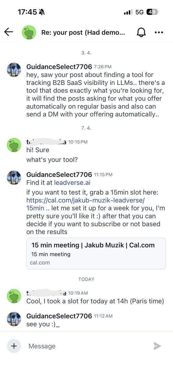 jakubmuzzik's tweet photo. Another call booked ✅

Fully on autopilot, using my own tool

I recently changed my outreach content and it’s giving me the best results so far:

1. Send very casual and short DM saying something like 

“Hey, saw your post about <their paint point>.. there’s a tool that does exactly what you’re looking for it will <how does it help briefly>

2. Wait for them to ask for more details 

3. Only after they ask, I send the link to the site or to book a call

I never include any link or direct pitch in initial DM

and it got me ~40% reply rate 🔥