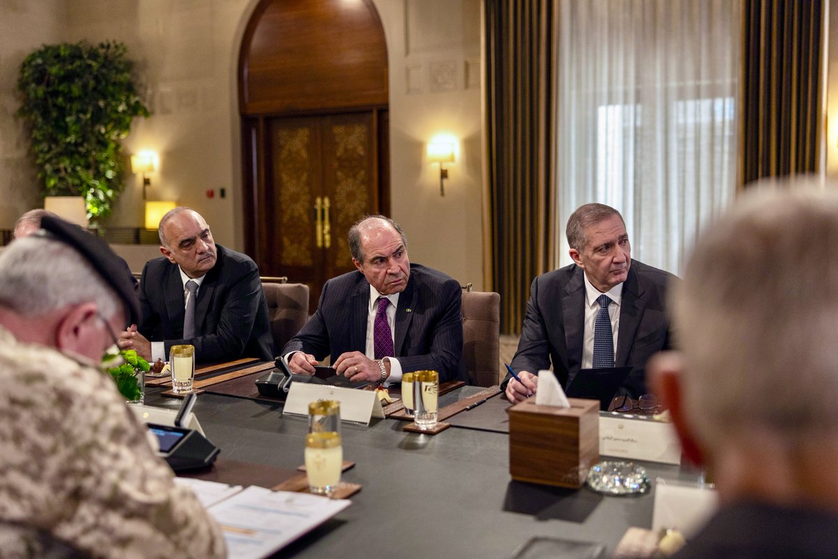 RHCJO's tweet photo. His Majesty @KingAbdullahII, accompanied by His Royal Highness Crown Prince Al Hussein, holds a meeting with former prime ministers and officials to discuss key regional developments and measures being taken by state institutions to address the repercussions of regional tensions.
#Jordan