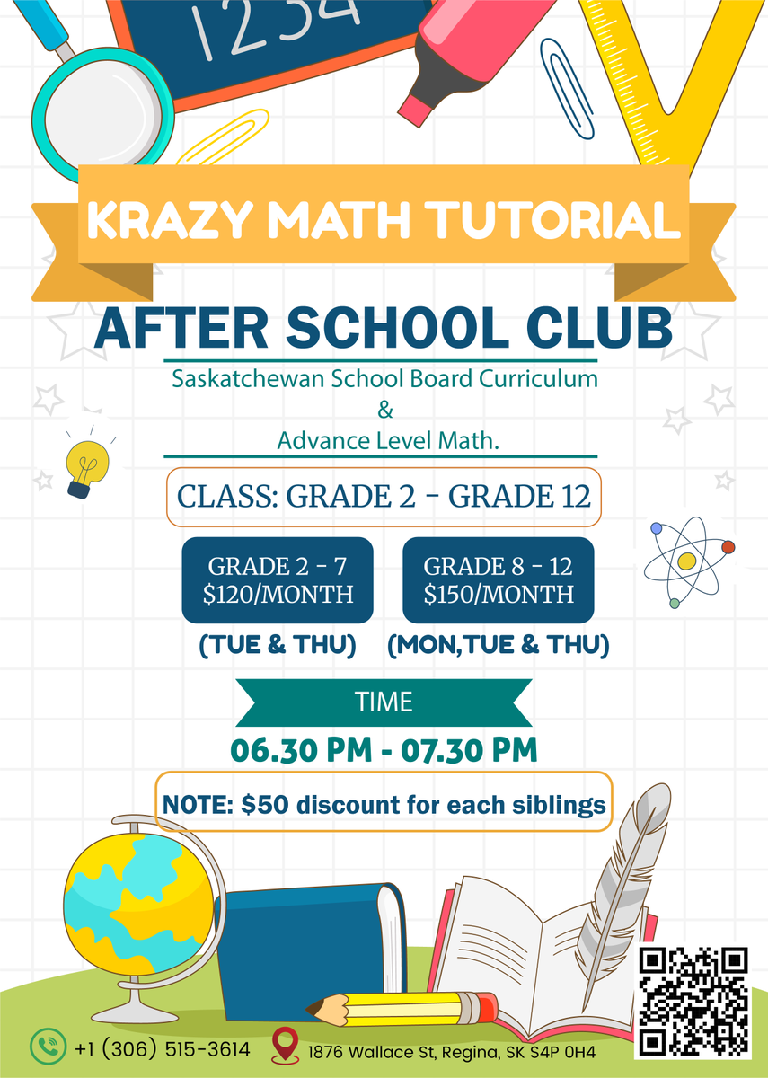 DarulFalah2022's tweet photo. 📷 Krazy Math Tutorial – After School Club!
We follow the Saskatchewan School Board Curriculum along with Advanced Level Math to help your child excel from Grade 2 to Grade 12!
Register Now: https://t.co/w7snDF7NUM

#KrazyMathTutorial #AfterSchoolClub #MathSupport #ReginaSK https://t.co/BOtpTm9BZB