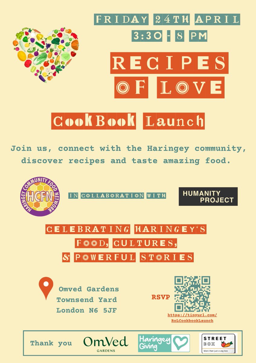 HaringeyCoOrg's tweet image. 🌿 Join us Fri 24 April (3:30–7:30pm) at OmVed Gardens for the launch of Haringey Recipes of Love

 ❤️ Our first community cookbook! Food, music, poetry &amp;amp; a feast by local chefs. Everyone welcome!
🔗 rsvp here : …mvedGardensCelebration.eventbrite.com
#Haringey #CommunityFood #FoodCulture