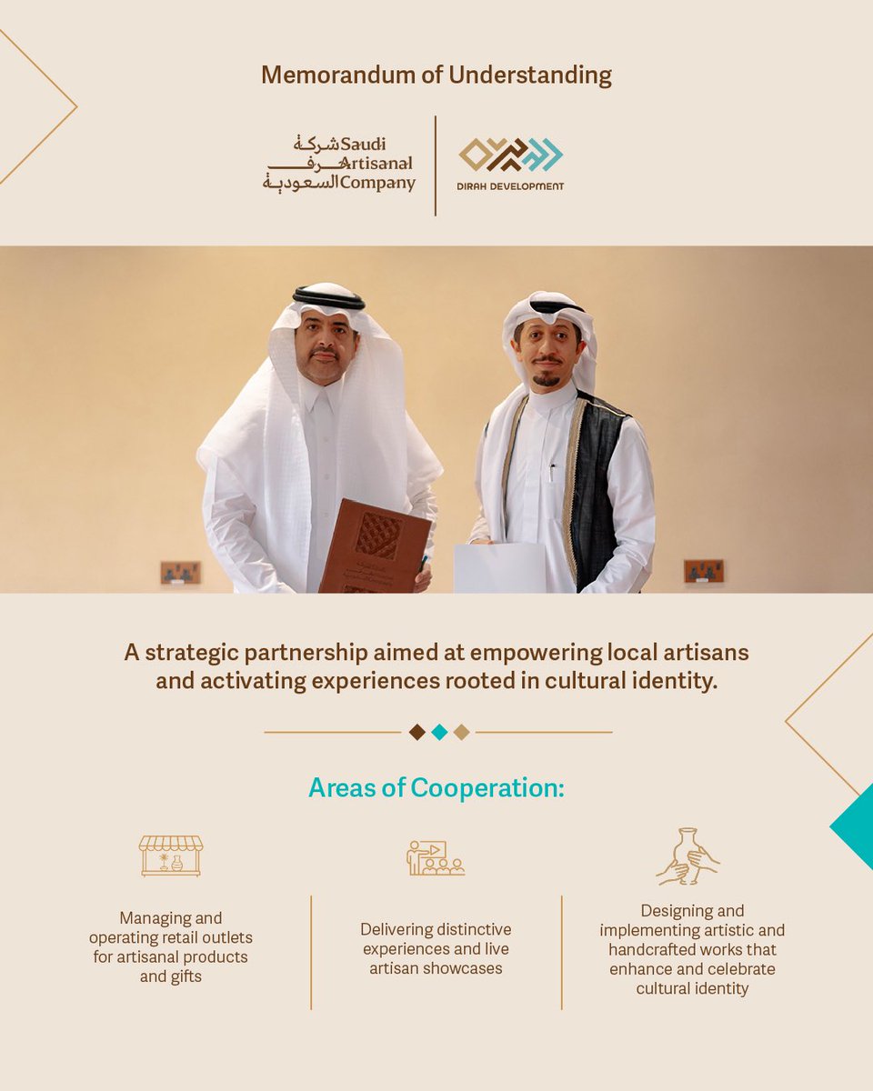 DirahDev's tweet photo. ضمن مساعينا لتعزيز الحرف والصناعات الإبداعية نعلن عن توقيع مذكرة تفاهم مع @saudiartisanal    
لتفعيل تجارب مستلهمة من الهوية الثقافية.

#الديرة_للتطوير https://t.co/wepx3zguqq