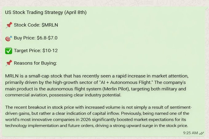 xipskcrr's tweet photo. US Stock Trading Strategy (April 8th) 
 📌 Stock Code: $MRLN 

🎯 Buy Price: $6.80-$7.00  

✅ Target Price: $10

📌 Reasons for Buying:

MRLN is a small-cap stock that has recently seen a rapid increase in market attention, primarily driven by the high-growth sector of "AI + Autonomous Flight." The company's main product is the autonomous flight system (Merlin Pilot), targeting both military and commercial aviation, possessing clear industry potential.  
The recent breakout in stock price with increased volume is not simply a result of sentiment-driven gains, but rather a clear indication of capital inflow. Previously, being named one of the world's most innovative companies in 2026 significantly boosted market expectations for its technology implementation and future orders, driving a strong upward surge in the stock price.