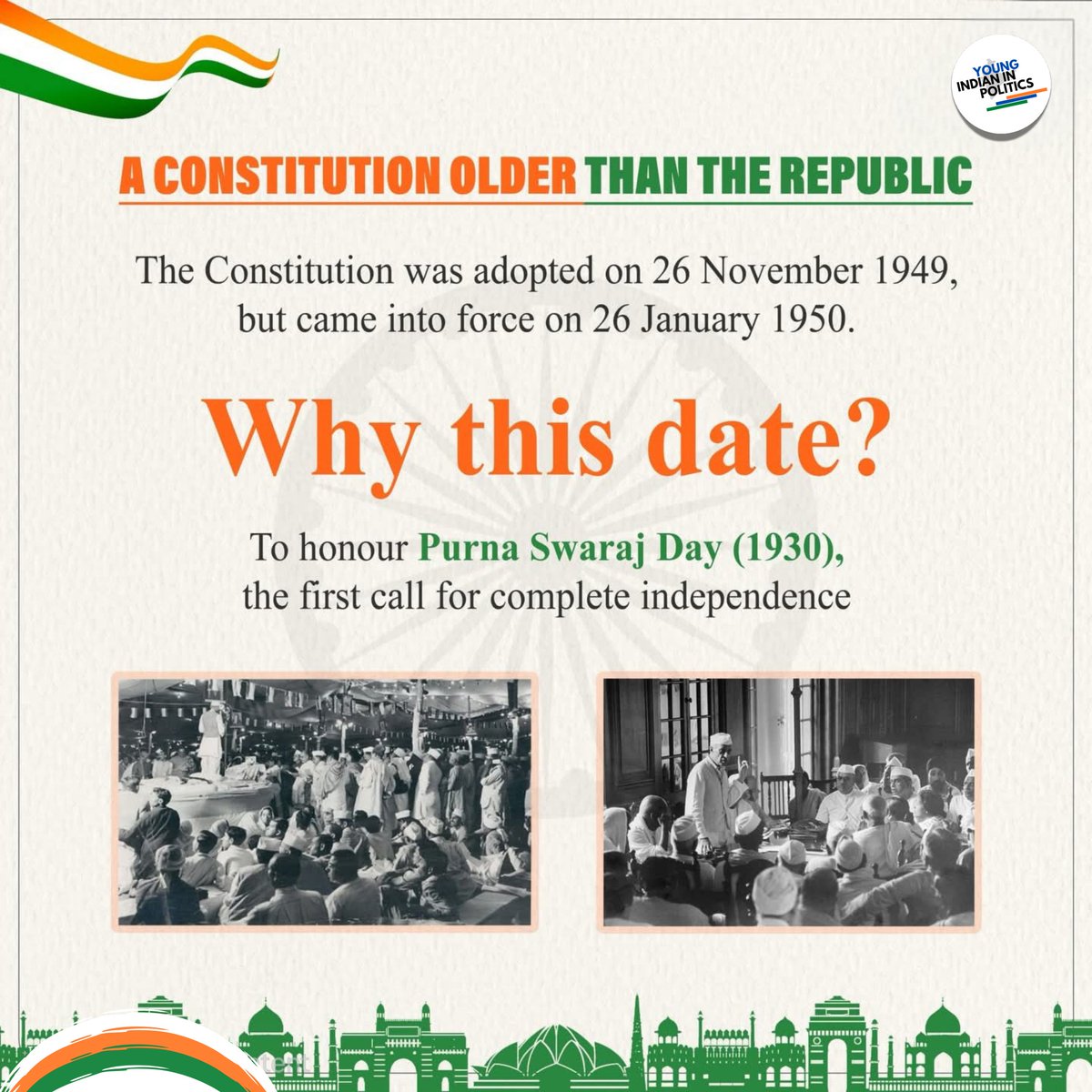 YIPBharat's tweet photo. The Constitution was adopted on 26 November 1949, but came into force on 26 January 1950.

Why this date? https://t.co/iz2lqVsTAt