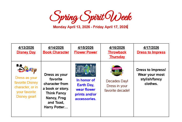 RMS_NH's tweet photo. Next week is Spirit Week! 

Monday 4/13/26: Disney Day
Tuesday 4/14/26: Book Character Day
Wednesday 4/15/26: Flower Power
Thursday: Throwback Thursday
Friday: Dress to Impress https://t.co/DN42EB1oGE